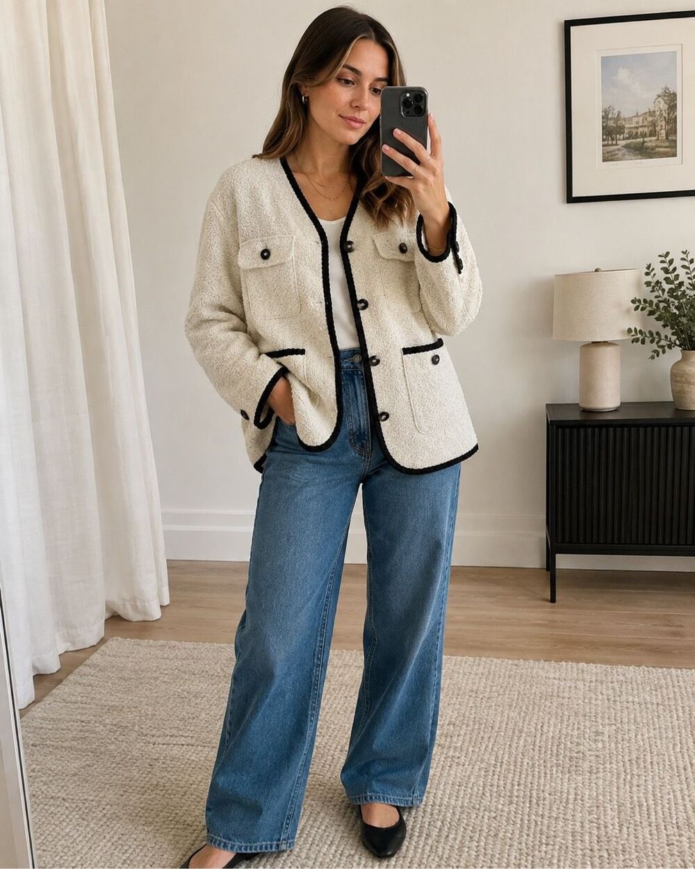 H&M Womens Tweed Jacket Small Ivory Black Trim Wool Blend Button Front NWT
